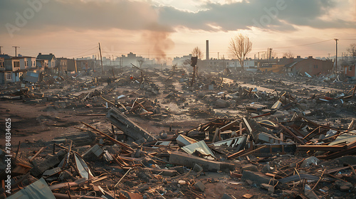 A harrowing image capturing the aftermath of destruction, with buildings reduced to rubble and debris strewn across the landscape.