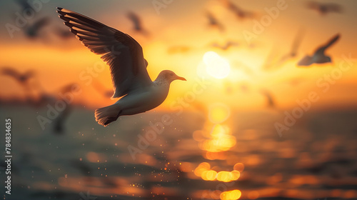 A seagull flies over the ocean at sunset © ART IS AN EXPLOSION.