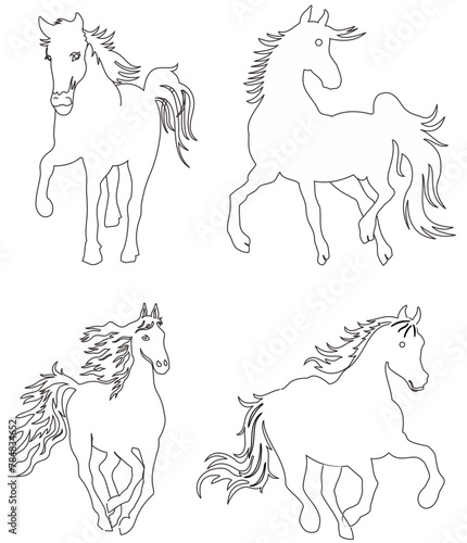 Set of line horses. Isolated black outline galloping, jumping running, trotting, rearing horse on white background. Side view. Curve lines. Page of coloring book