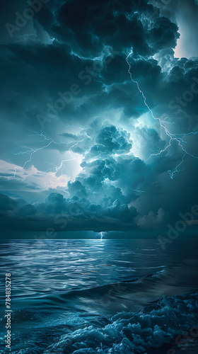 Long exposure of a thunderstorm, realistic natural science photography, copy space