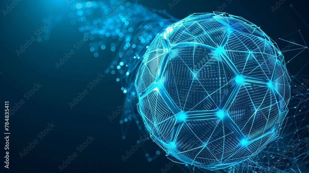 digital hologram soccer ball with glowing data streams, ai in sports