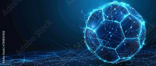 digital hologram soccer ball  with glowing data streams, ai in sports analytics, player performance tracking systems, match prediction algorithms, and training programs for soccer players.