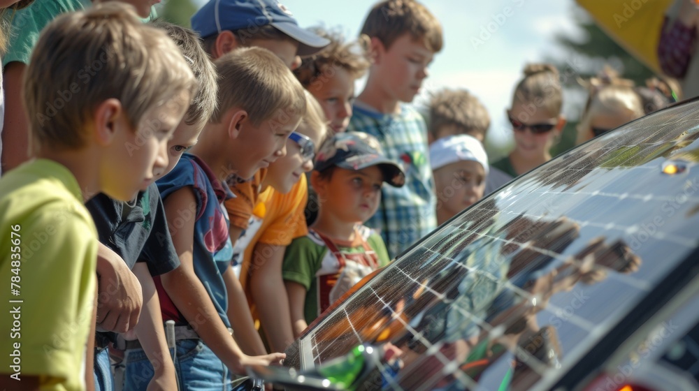 A group of children crowd around a solarpowered car on display marveling at its technology and learning about the potential for alternative fuels. Nearby a solar panel workshop teaches .