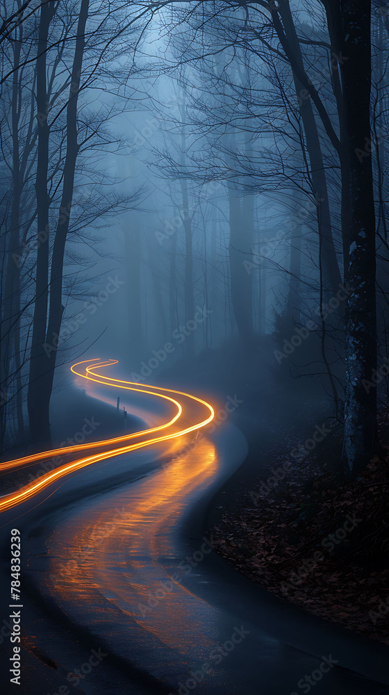 Light trails through fog or mist, realistic natural science photography, copy space