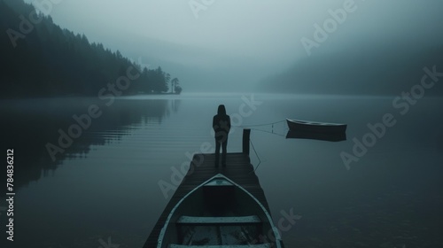 Standing on the edge of a dark murky lake a person gazes out towards a small island in the distance. back is to the camera revealing . .