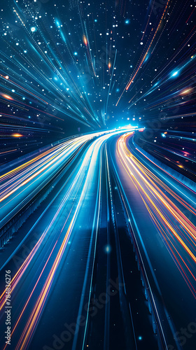 Light trails of moving cars on a highway, realistic natural science photography, copy space