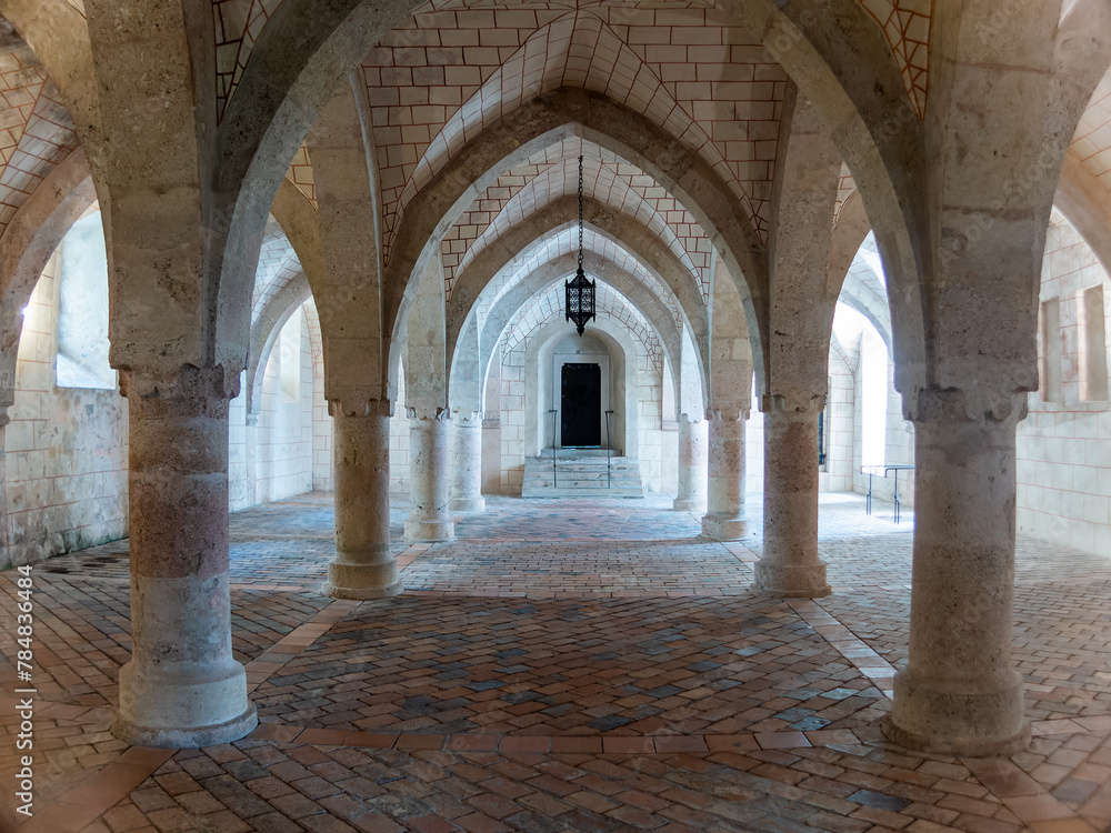 Naklejka premium Heiligenkreuz, Austria - April 14, 2024: overall view on the details of exterior and interior of the Stift Heiligenkreuz abbey