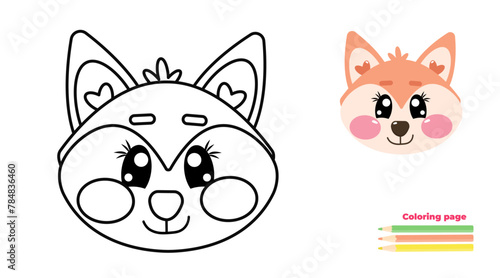 Cute outline fox face, head. Coloring page illustration for kids. Fox animal in line drawing