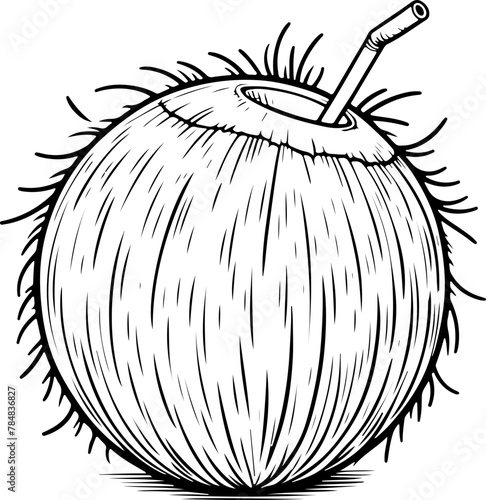 Noix de coco avec paille. Fruit isolé pour page ou livre de coloriage adapté adulte ou enfant, dessin au trait et fond totalement transparent 