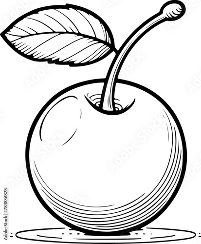 Cerise avec tige et feuille. Fruit isolé pour page ou livre de coloriage adapté adulte ou enfant, dessin au trait et fond totalement transparent 