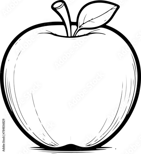 Pomme avec feuille. Fruit isolé pour page ou livre de coloriage adapté adulte ou enfant, dessin au trait et fond totalement transparent 