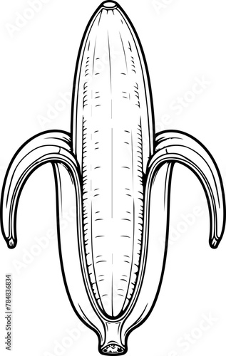 Banane ouverte de sa pelure. Fruit isolé pour page ou livre de coloriage adapté adulte ou enfant, dessin au trait et fond totalement transparent 