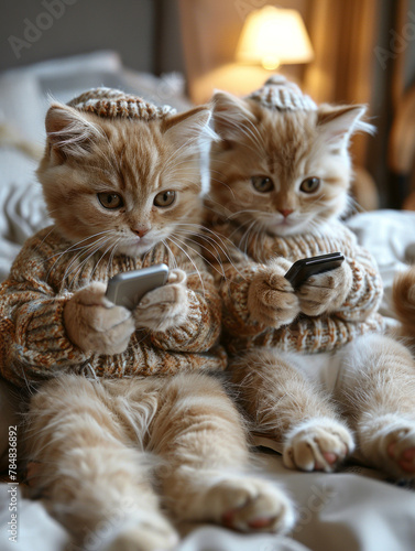 Two cute British shorthair kittens wearing pajamas and holding phones in their hands,generative ai