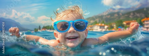 A child in sunglasses swims in the sea. .