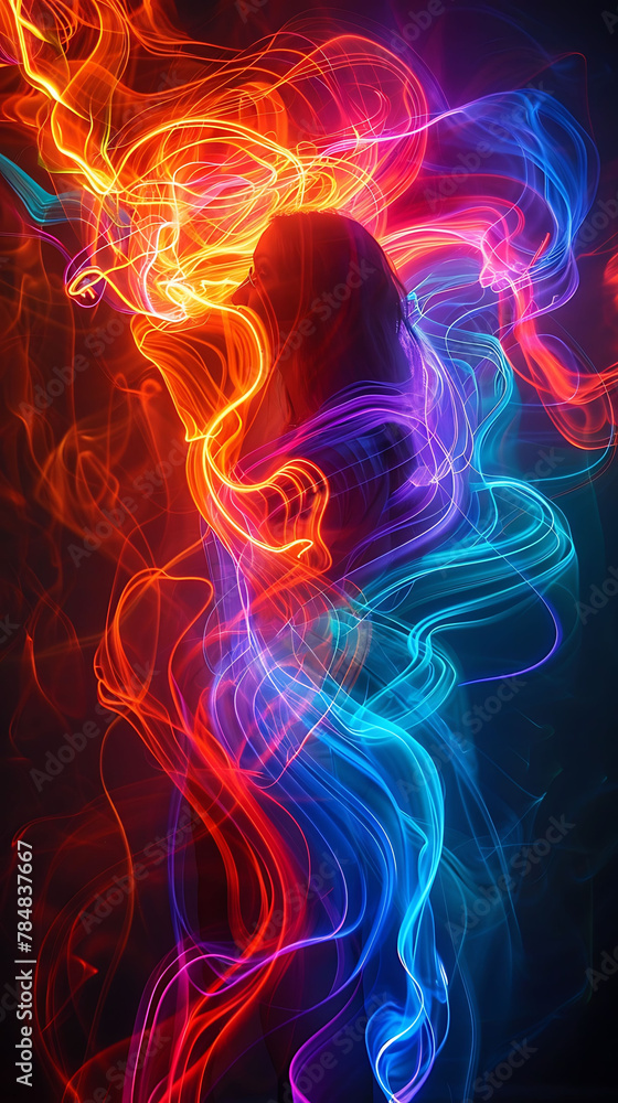 Light painting with smart LED technology, realistic natural science photography, copy space