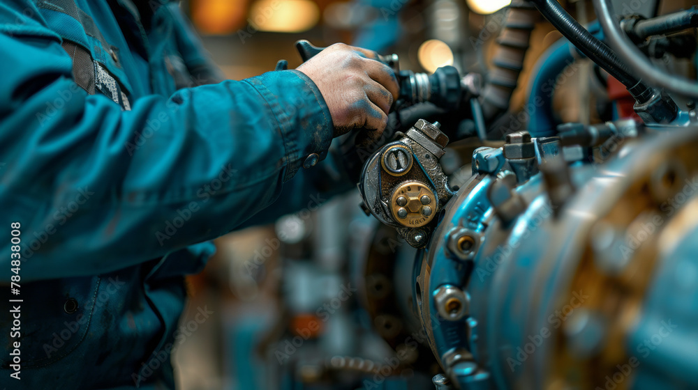 Obraz premium a heat pump repair, hands of a technician with tools, intricate parts of the pump visible.generative ai