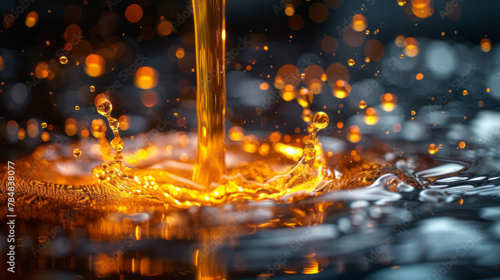 Car hydraulic pump, Oily yellow-orange liquid splashes and glitters next to the car hydraulic pump.generative ai Car hydraulic pump, Oily yellow-orange liquid splashes and glitters next to the car hydraulic pump.generative ai