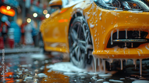 close up of hand that is cleaning shiny new car with a cloth,generative ai