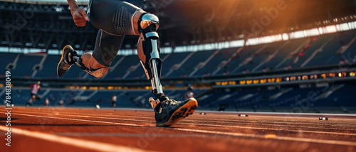 Professional runner with disability wearing prosthetic blades while running at stadium photo