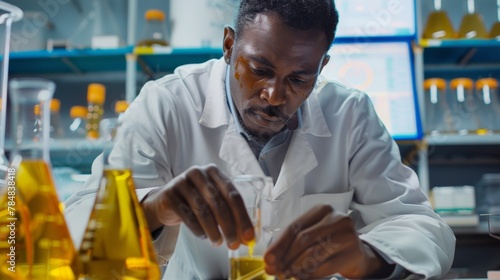 A scientist in a lab coat carefully examining a sample of Jatropha oil extracted using a new more efficient od. The background is filled with charts and diagrams highlighting the research . photo