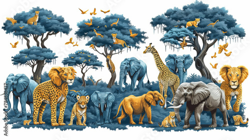 Graceful African savannah children set: Vector illustration of wild animals, ideal for fabric, clothing, packaging, bedding, and postcards.generative ai