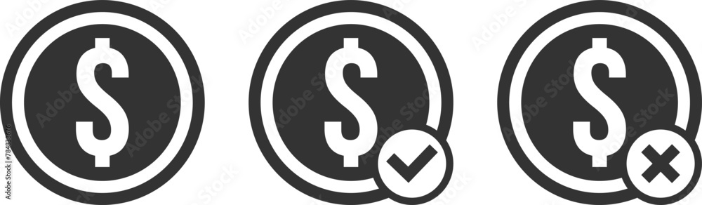 Money icon. Coin icon. Black and white coin icon set. Coin with dollar sign. Money icon. Coin icon. Black and white coin icon set. Coin with dollar sign.