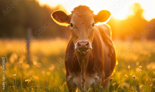 A cow standing in a lush, green pasture bathed in the golden glow of sunrise,generative ai