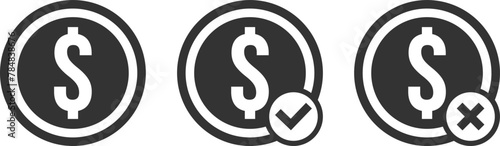 Money icon. Coin icon. Black and white coin icon set. Coin with dollar sign.