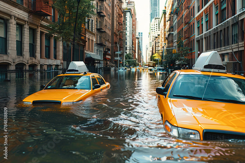 Big city street flooded due to climate change, close up of taxis submerged © LorenaPh