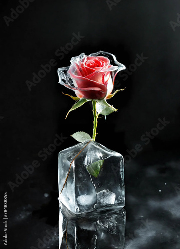 Black back ground  red rose beautiful ice