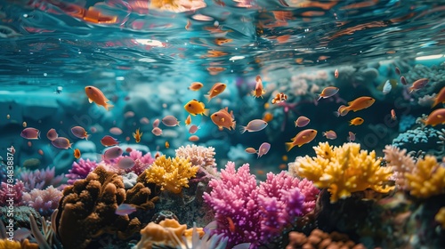 Underwater world filled with colorful fish and corals at the vibrant coral reef photo