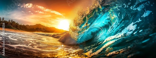 A giant wave crashes towards the camera, with the sun setting in the background.