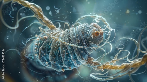 A Tardigrade clinging onto a thin strand of plant fiber its body twisted into a spiral shape. This mesmerizing image showcases the photo