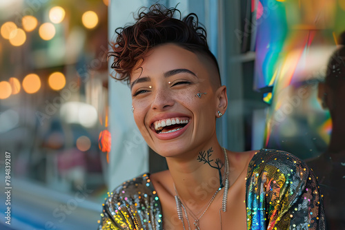 Portrait of latin woman with undercut hairstyle and shiny outfit smiling outdoors. Generative AI. photo