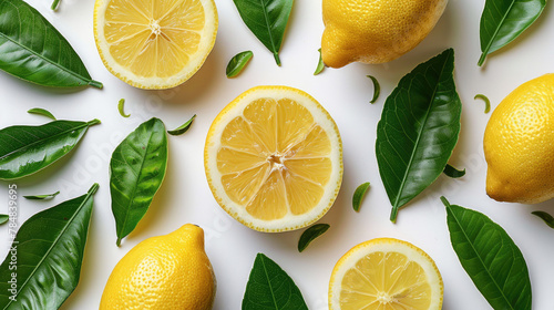 Lemon with cut in half sliced and green leaves isolated on white background, top view, flat la
 photo
