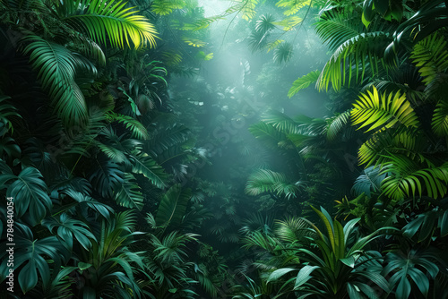 misty tropical forest, lush green foliage in dense jungle, nature background photo