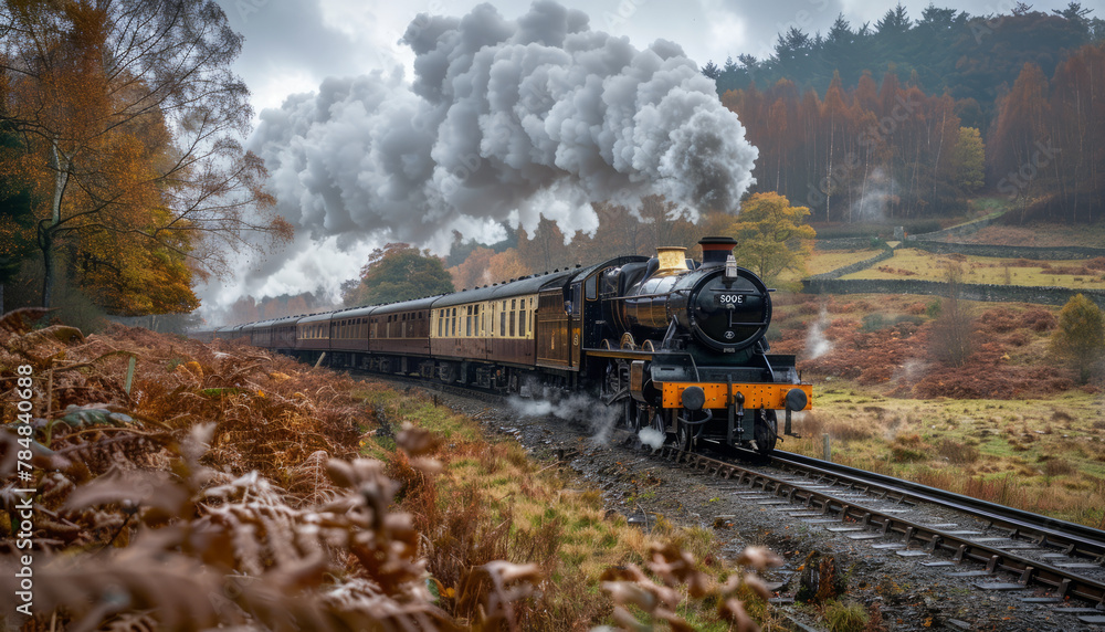 black and gold steam train on the tracks,generative ai black and gold steam train on the tracks,generative ai