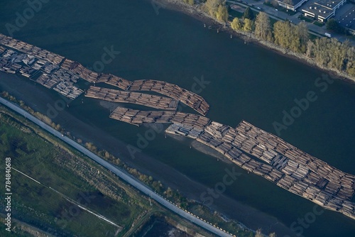 aerial view of the river with lumber rafts