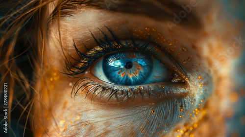 A woman's eye is shown with a blue iris and a goldish tint photo