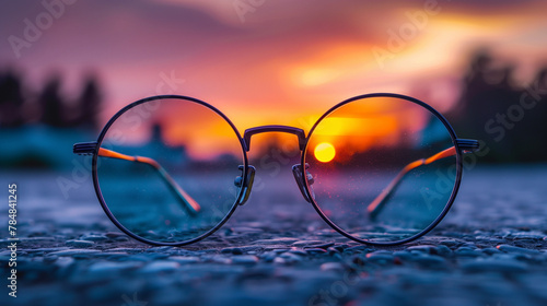 A pair of glasses with a sun in the background
