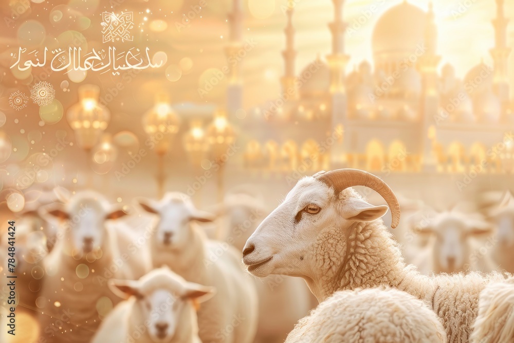 Obraz premium Islamic banner with sacrificial animals sheep and goats for Eid al-Adha greeting background and copy space - generative ai