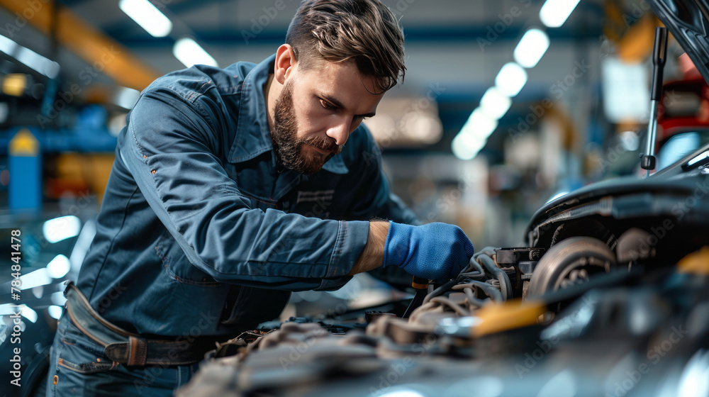 Intriguing snapshot: Mechanic diligently tends to vehicle in well-lit repair shop,generative ai Intriguing snapshot: Mechanic diligently tends to vehicle in well-lit repair shop,generative ai