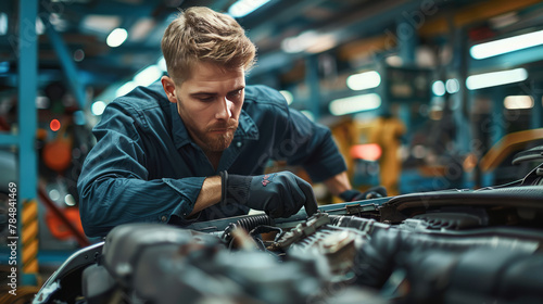 Intriguing snapshot: Mechanic diligently tends to vehicle in well-lit repair shop,generative ai