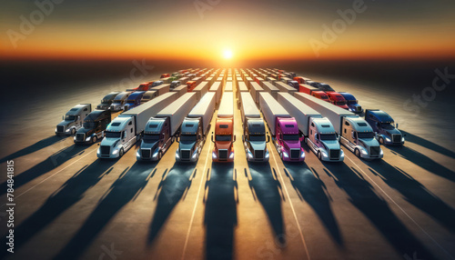 semi-trucks in various colors parked in a V-formation on a vast, flat expanse. The scene is set during sunset