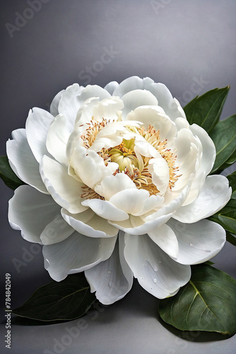 White peony flower on silver background