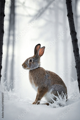 Rabbit in the winter forest. © volgariver