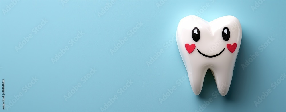 A smiling tooth on blue background, banner with copy space