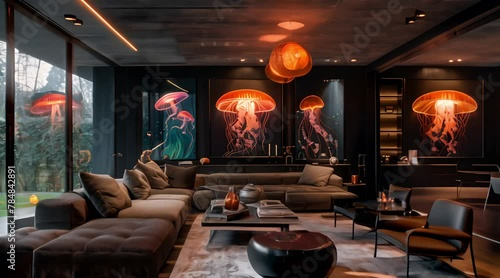 Embracing Modernity A Living Room Adorned with Neon Jellyfish Paintings and Jellyfish-Shaped Lamps, Blending Minimalism and Eclecticism
 photo