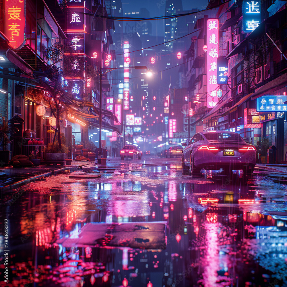 Cyberpunk cityscape at night, neon signs in foreign script, reflections on wet asphalt
