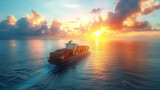 Container ship sails into evening sunset, symbolizing global trade and logistics.